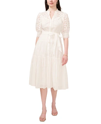 CeCe Women's Cotton Belted Eyelet-Embroidered Shirtdress