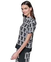 Karl Lagerfeld Paris Women's Geometric-Print Short Sleeve Button-Front Top