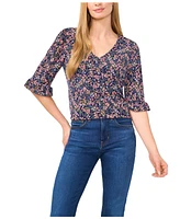 CeCe Women's Floral V-Neck 3/4-Sleeve Ruffled Cuff Blouse