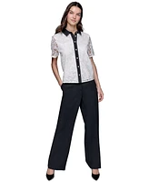 Karl Lagerfeld Paris Women's Crop Lace Contrast-Trim Short Sleeve Button-Front Top
