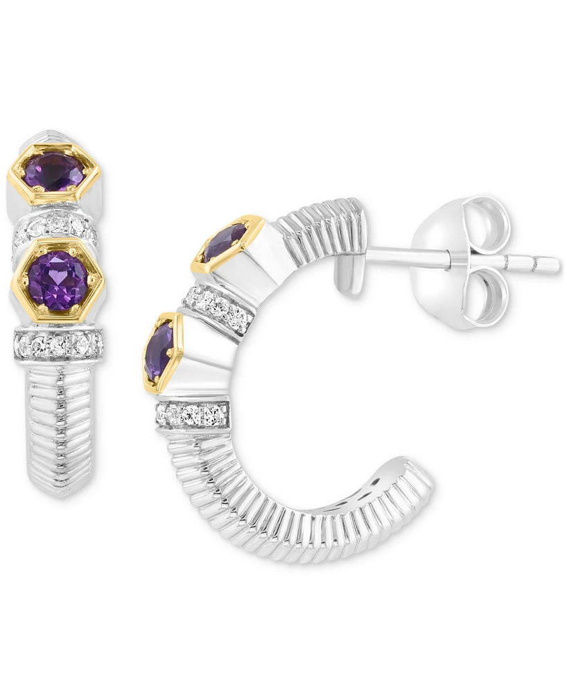 Effy Amethyst (3/8 ct. t.w.) & White Sapphire (1/10 ct. t.w.) Small Hoop Earrings in Sterling Silver & 18k Gold, 0.625"