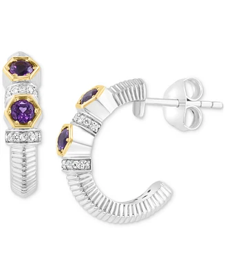 Effy Amethyst (3/8 ct. t.w.) & White Sapphire (1/10 ct. t.w.) Small Hoop Earrings in Sterling Silver & 18k Gold, 0.625"
