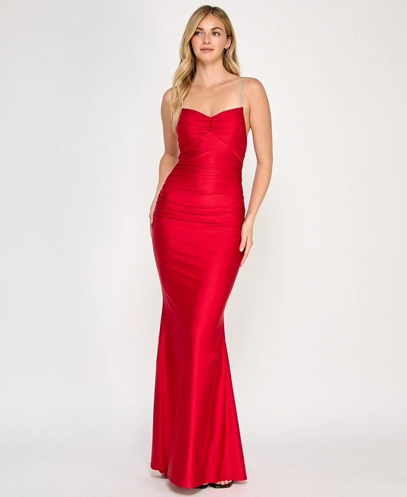 Crystal Doll Juniors' Rhinestone-Strap Lace-Up-Back Gown