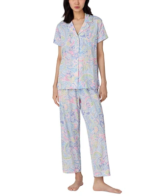 Lauren Ralph Women's Petite Notched-Collar Cropped Pajama Set