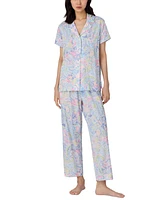 Lauren Ralph Women's Petite Notched-Collar Cropped Pajama Set