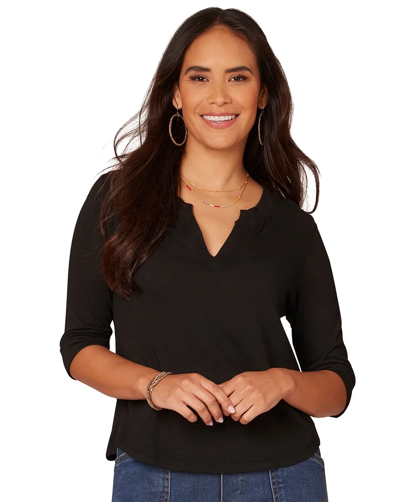 Democracy Petite 3/4-Sleeve Split Neckline Knit Top