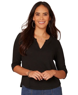 Democracy Petite 3/4-Sleeve Split Neckline Knit Top