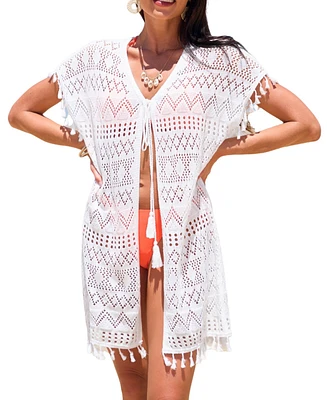 Cupshe Women's Tropical Tassels White Cover-Up Kimono