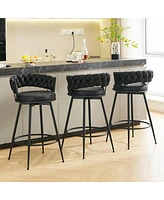 Dyhome 28 inch Bar Stools Set of 3, Modern Counter Height Stools, 360° Swivel Suede Fabric Stool Chairs with Woven Back and Footrest for Kitc