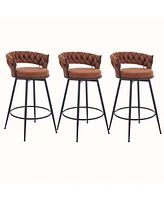 Dyhome 28 inch Bar Stools Set of 3, Modern Counter Height Stools, 360° Swivel Suede Fabric Stool Chairs with Woven Back and Footrest for Kitc