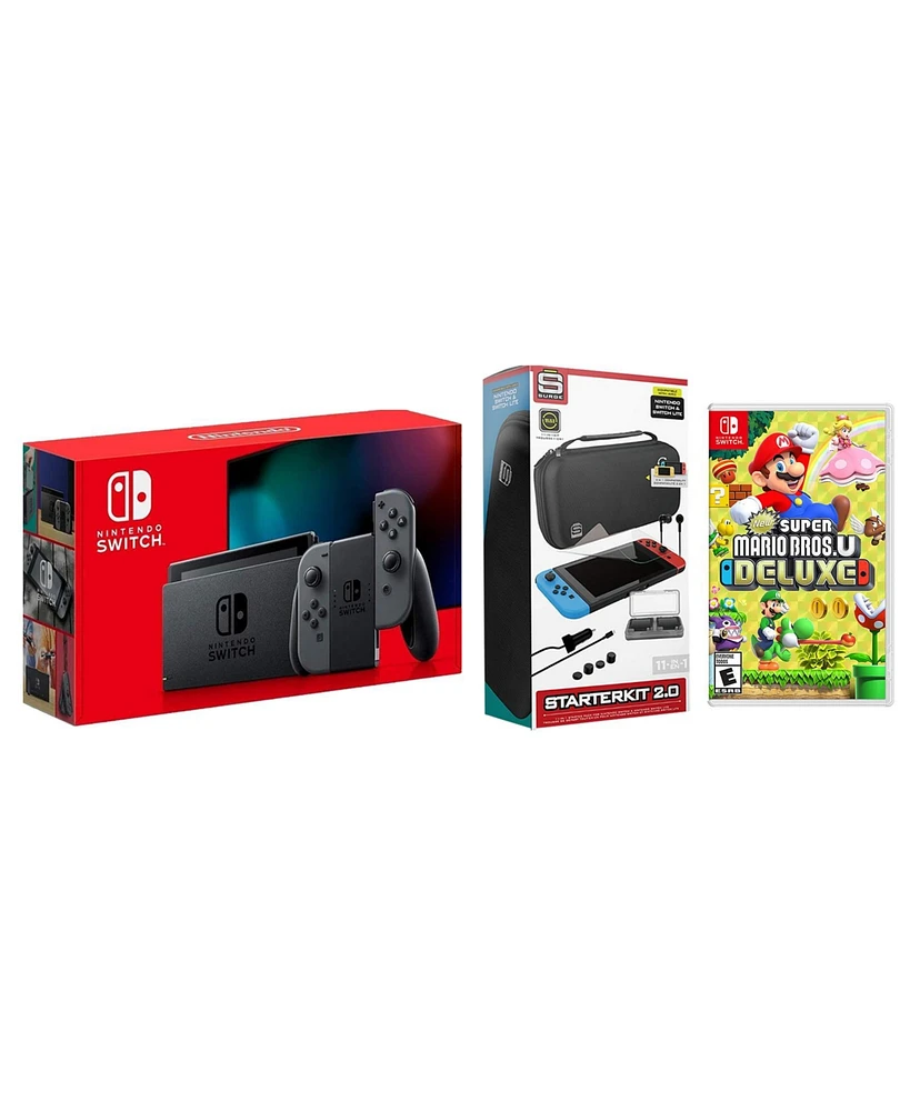 Nintendo Switch 32GB Console Gray Joy-Con Bundle with Surge 11-In-1 Accessory Starter Pack and Super Mario Bros. U Deluxe