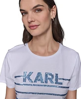 Karl Lagerfeld Paris Women's Embellished Stripe Crewneck Tee