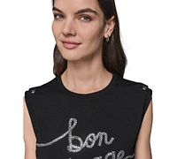 Karl Lagerfeld Paris Women's Embellished Sleeveless Button-Shoulder Tee