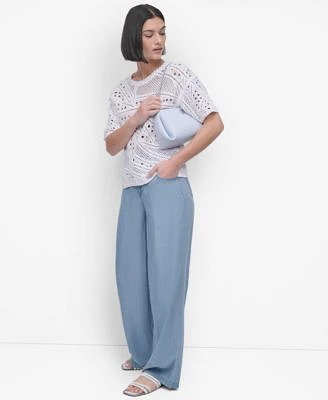 Dkny Womens Cotton Short Sleeve Crochet Sweater Chambray Wide Leg Pants