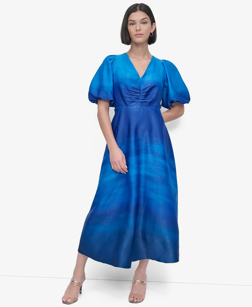Dkny Women's Printed Satin Puff-Sleeve Midi Dress