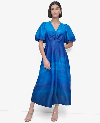 Dkny Women's Printed Satin Puff-Sleeve Midi Dress