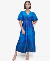 Dkny Women's Printed Satin Puff-Sleeve Midi Dress