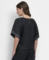 Dkny Women's Cropped Short-Sleeve Studded Linen Top