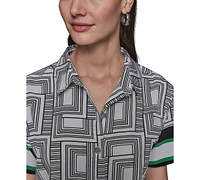 Karl Lagerfeld Paris Women's Border Printed Short Sleeve Button-Front Top
