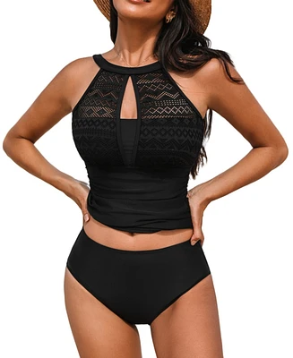 Cupshe Women's High Neck Mesh Cutouts Adjustable Straps Tankini Sets