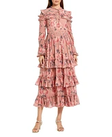 Mac Duggal Women's Long Sleeve Lace Up Front Tiered Ruffle Dress