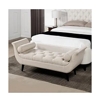 64 Inch Tufted Velvet Entryway Bench, Upholstered Bedroom Bench with Bolster Pillows & Wood Legs-The Pop Home