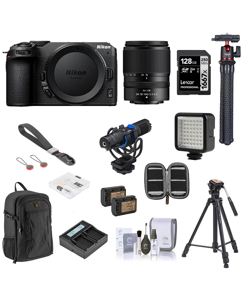 Nikon Z 30 Dx-Format Mirrorless Camera with Nikkor Z Dx 18-140mm f/3.5-6.3 Vr Lens, Bundle with 128GB Memory Card, Backpack, 2x Battery, Charger, Trip