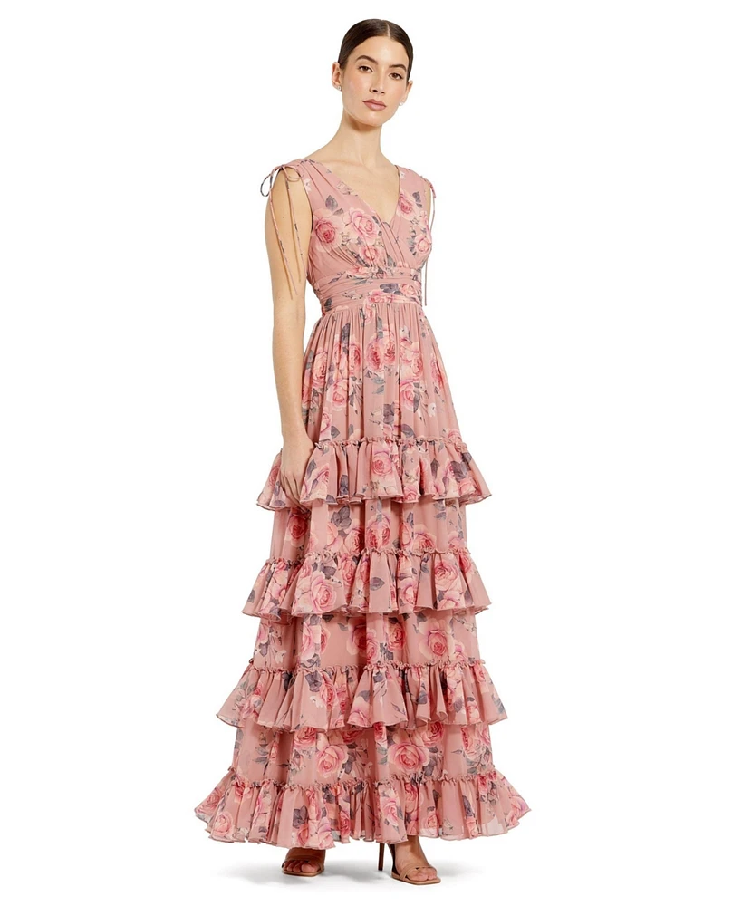 Mac Duggal Women's Drawstring Shoulder Floral Chiffon Tiered Gown