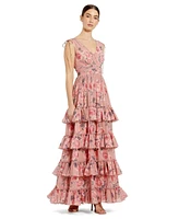 Mac Duggal Women's Drawstring Shoulder Floral Chiffon Tiered Gown