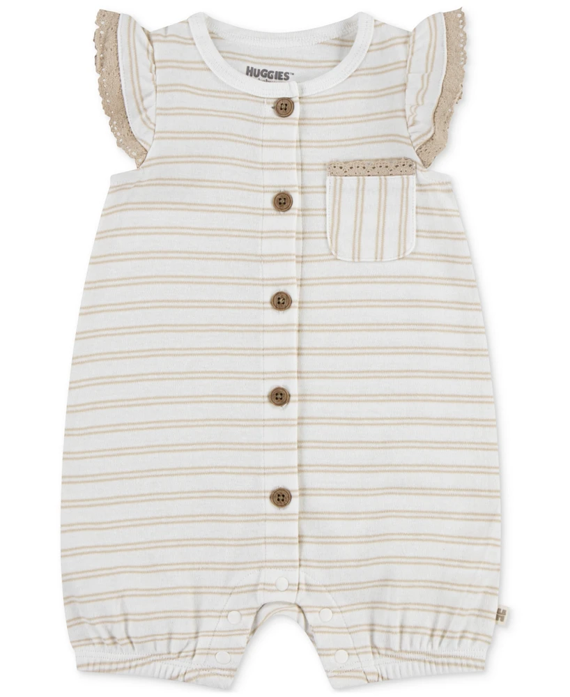 Huggies Baby Girls Cotton Striped Ruffled-Sleeve Romper