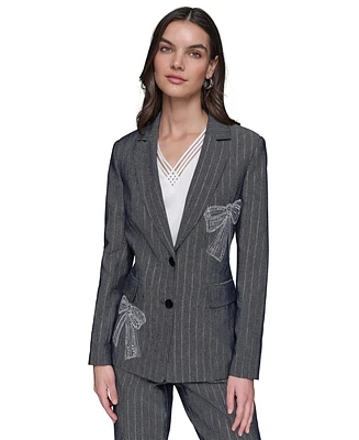 Karl Lagerfeld Paris Women's Beaded-Bow Pinstriped Blazer
