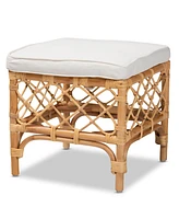 bali & pari 18.5" Upholstered and Natural Rattan Orchard Modern Bohemian Ottoman