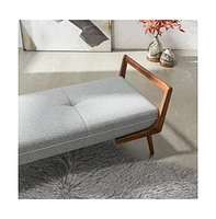 Mid-Century Modern Gray Upholstered Bench, Tufted Fabric Seat with Walnut Wood Frame-The Pop Home