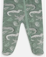 Deux par Baby Boys Printed Cotton One-Piece Pajama Light Sage And Gray Crocodile