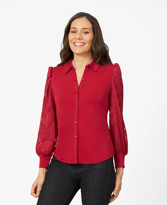 Cable & Gauge Women's Floral Chiffon Sleeve Button Up Top