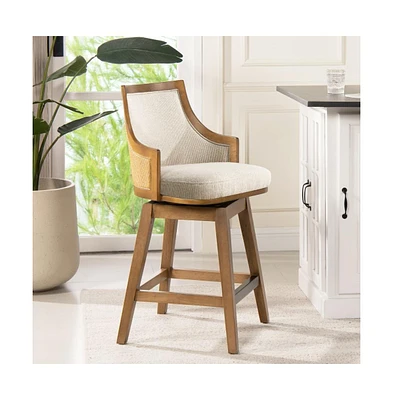 26'' Swivel Cane Rattan Counter Stool (1 Piece), High-Back Bar Chair with Solid Wood Frame-The Pop Home