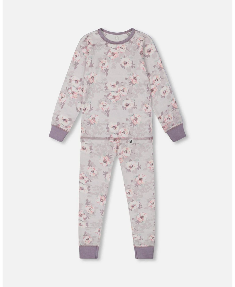 Deux par Toddler Girls Printed Cotton Long Sleeve Top And Pant Pajama Set Pale Pink Flowers On Neutral Lilac - Toddler|Child