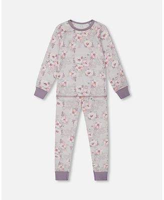 Deux par Toddler Girls Printed Cotton Long Sleeve Top And Pant Pajama Set Pale Pink Flowers On Neutral Lilac - Toddler|Child