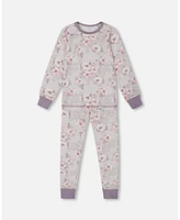 Deux par Toddler Girls Printed Cotton Long Sleeve Top And Pant Pajama Set Pale Pink Flowers On Neutral Lilac - Toddler|Child