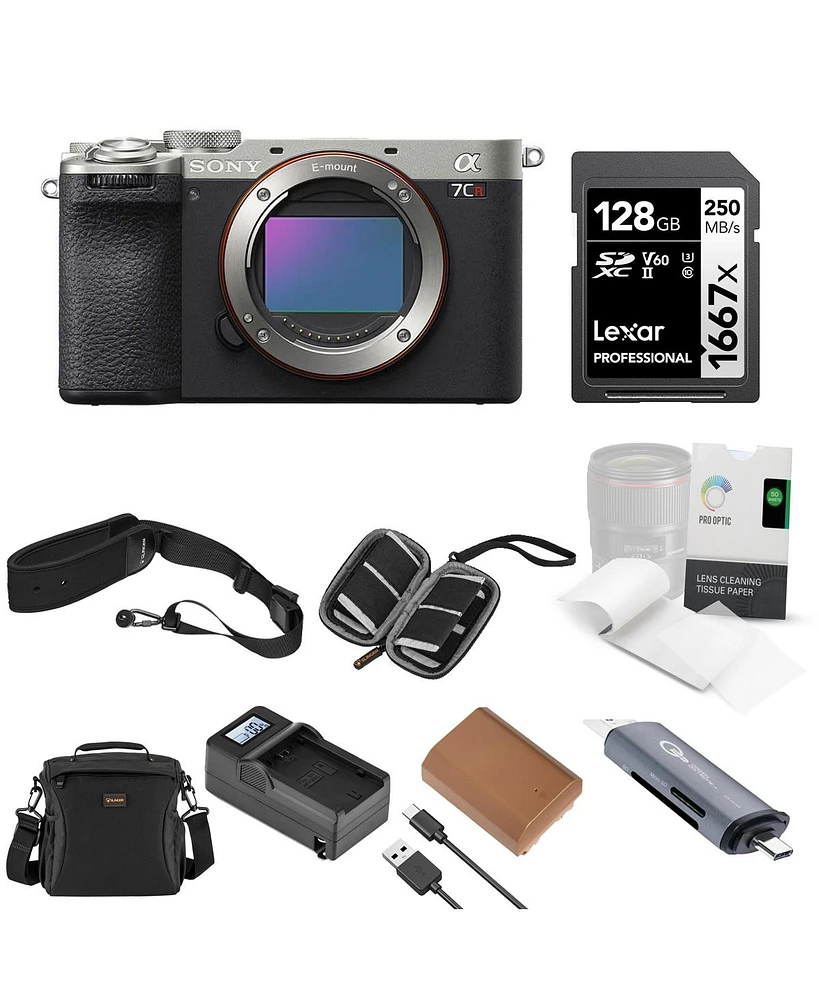 Sony Alpha a7CR Mirrorless Camera Body, Silver, Bundle with Shoulder Bag, 128GB Sd Card, Card Reader, Extra Battery, Charger, Camera Strap, Tissue Pap