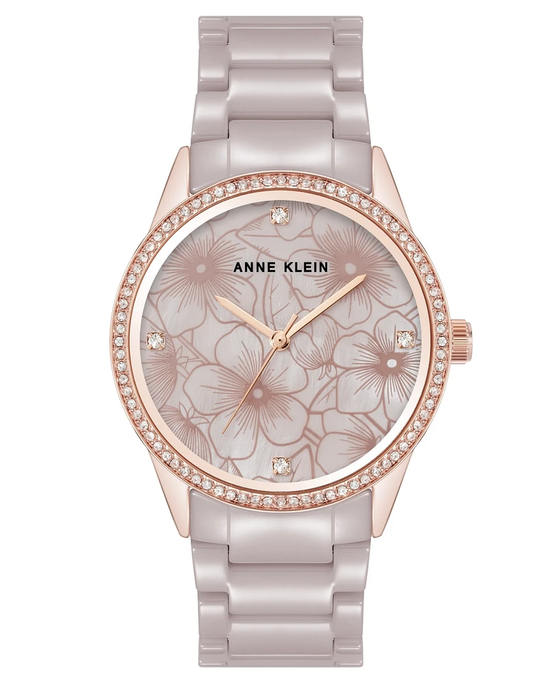 Anne Klein Women's Quartz Taupe Ceramic Bracelet Floral Dial Watch, 34mm