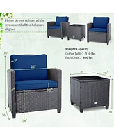 Gymax 3PCS Patio Outdoor Rattan Conversation Set Garden Yard w/ Cushion