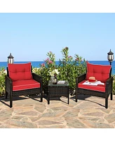 Gymax 3PCS Outdoor Patio Rattan Furniture Set w/ Coffee Table Cushion