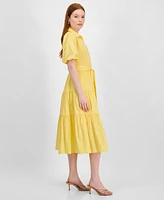 T Tahari Women's Puff-Sleeve Belted Tiered Shirtdress