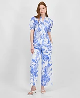 T Tahari Women's Printed Split-Neck Puff-Sleeve Top