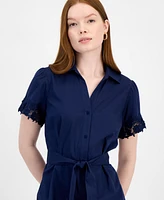 T Tahari Women's Lace-Trim Short-Sleeve Shirtdress