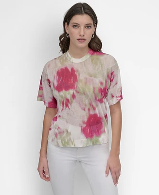 Dkny Women's Watercolor-Print Short-Sleeve Sweater