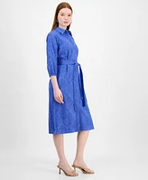 T Tahari Women's Embroidered Eyelet Belted Shirtdress