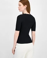 T Tahari Women's V-Neck Button-Front Ribbed-Knit Top