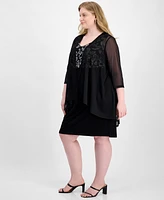 Connected Plus Metallic Embroidered Dress & Mock Jacket